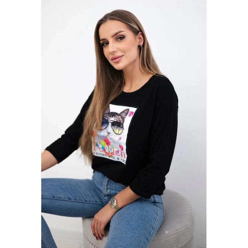 Tricou cu maneca trei sferturi negru cu pisica