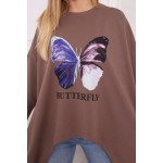 Bluza maro imprimeu fluture din bumbac asimetrica