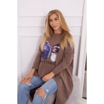 Bluza maro imprimeu fluture din bumbac asimetrica