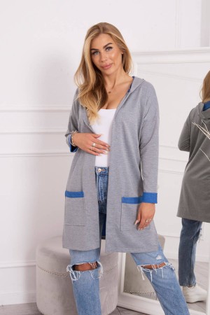 Cardigan de dama gri tip hanorac cu gluga si buzunare laterale
