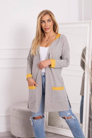 Cardigan dama in doua culori gri-mustar cu gluga