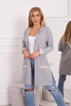 Cardigan cu gluga in doua culori gri-roz si maneca lunga