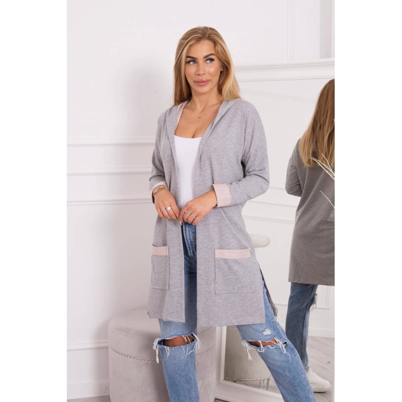 Cardigan cu gluga in doua culori gri-roz si maneca lunga