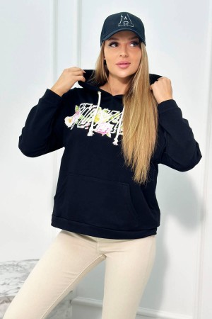 Hanorac negru oversize cu gluga si imprimeu brodat Voyage