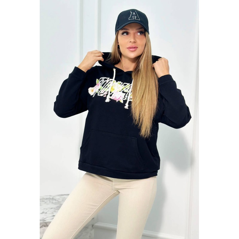 Hanorac negru oversize cu gluga si imprimeu brodat Voyage