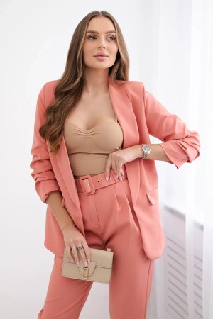 Compleu sacou si pantaloni dama piersica fara nasturi
