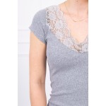 Top de dama gri cu dantela si decupaj decorativ