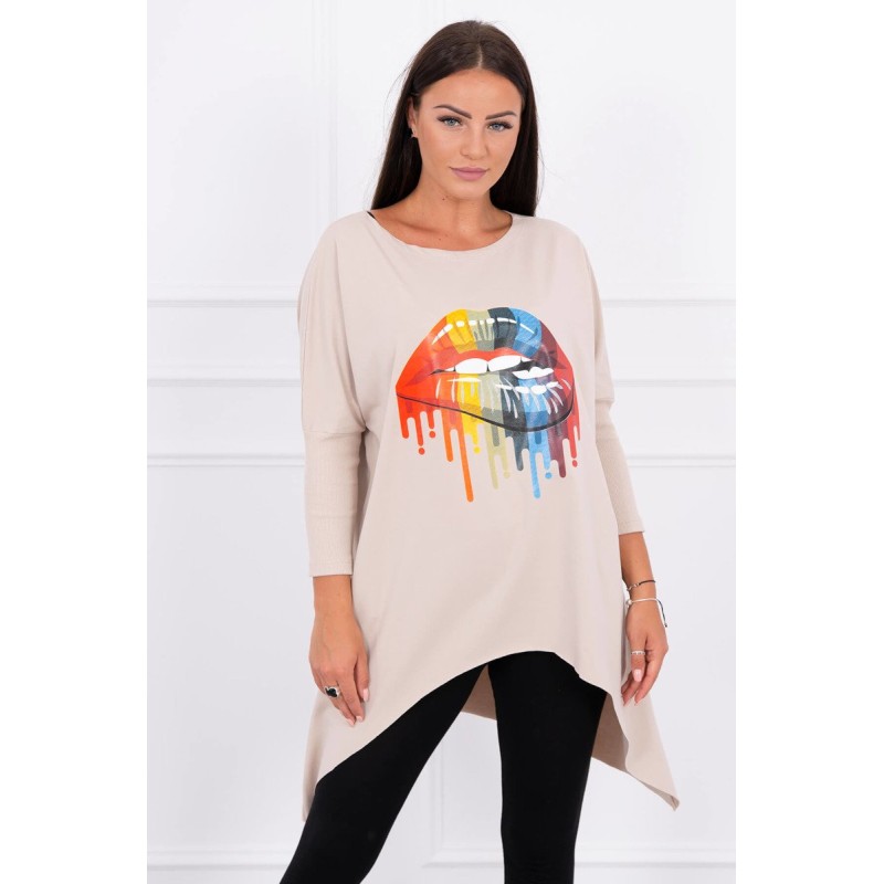 Bluza dama oversize bej asimetrica cu imprimeu