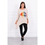 Bluza dama oversize bej asimetrica cu imprimeu