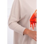 Bluza dama oversize bej asimetrica cu imprimeu