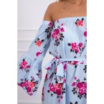 Rochie cu model floral de zi si maneci evazate blue