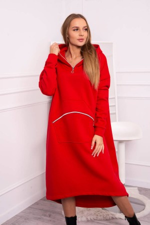 Rochie rosie oversize lunga cu gluga si asimetrica
