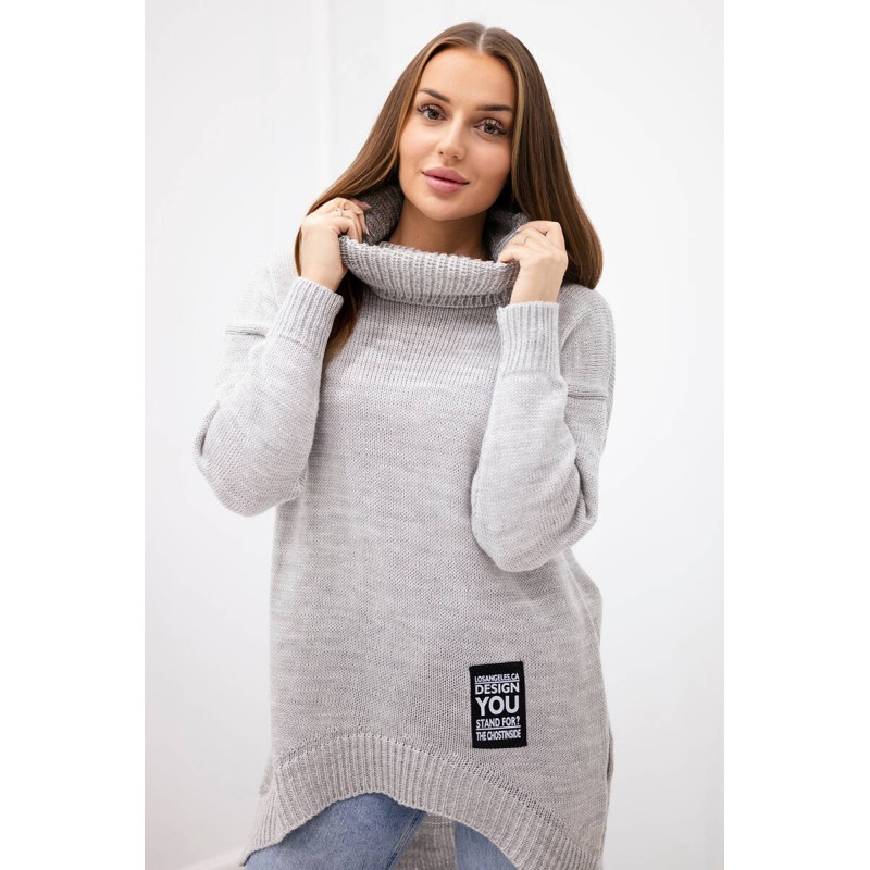 Pulover cu guler inalt subtire din tricot asimetric gri