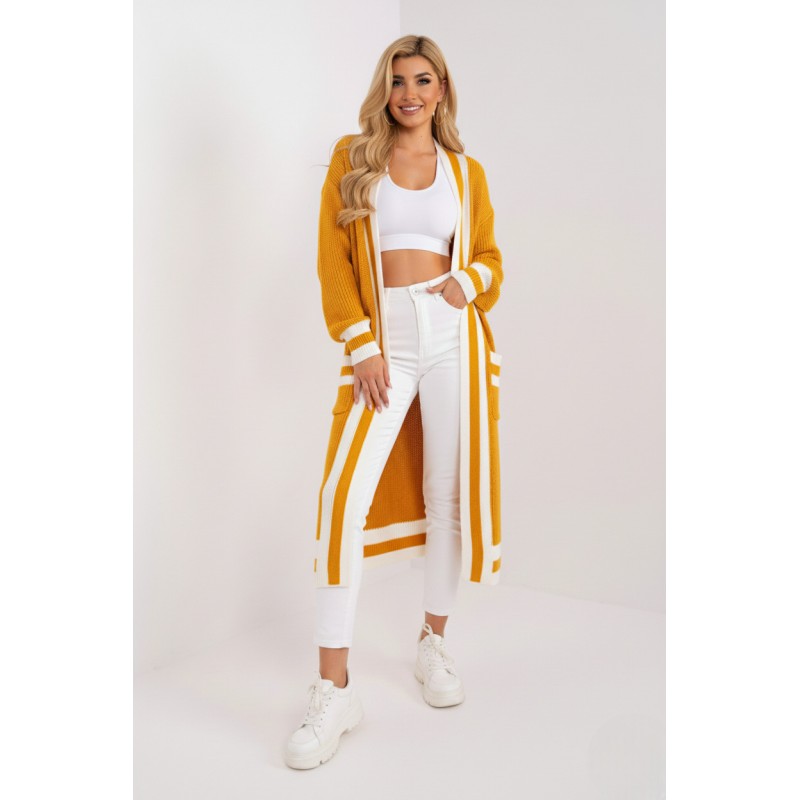 Cardigan lung mustar cu dungi albe si buzunare Cardigan lung mustar cu dungi albe si buzunare