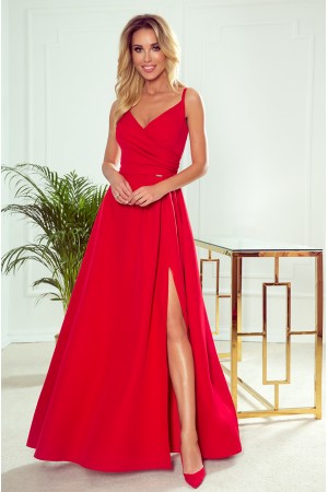Rochie lungă și vaporoasă, roșie, de ocazie cu bretele