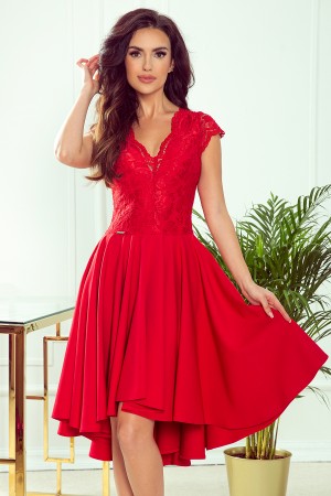 Rochie rosie de ocazie asimetrica cu bust din dantela