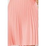 Rochie de zi eleganta, plisata, cu volane pe maneci, roz piersica Rochie de zi eleganta, plisata, cu volane pe maneci, roz piersica