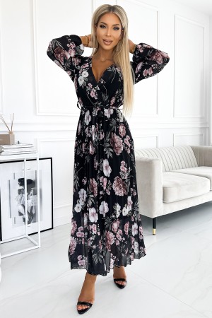 Rochie maxi cu flori din voal plisat neagra