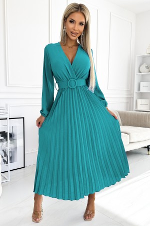 Rochie turcoaz midi din voal creponat plisata