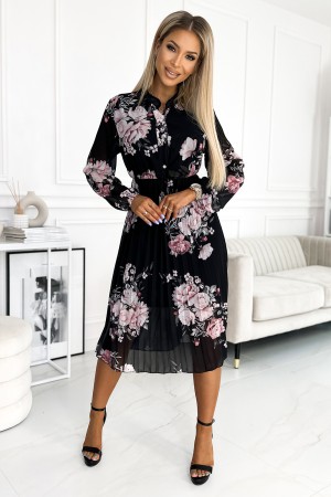 Rochie midi neagra plisata cu nasturi si imprimeu roz