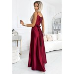 Rochie din satin visinie lunga eleganta in clos cu bretele subtiri Rochie din satin visinie lunga eleganta in clos cu bretele subtiri