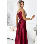 Rochie din satin visinie lunga eleganta in clos cu bretele subtiri Rochie din satin visinie lunga eleganta in clos cu bretele subtiri