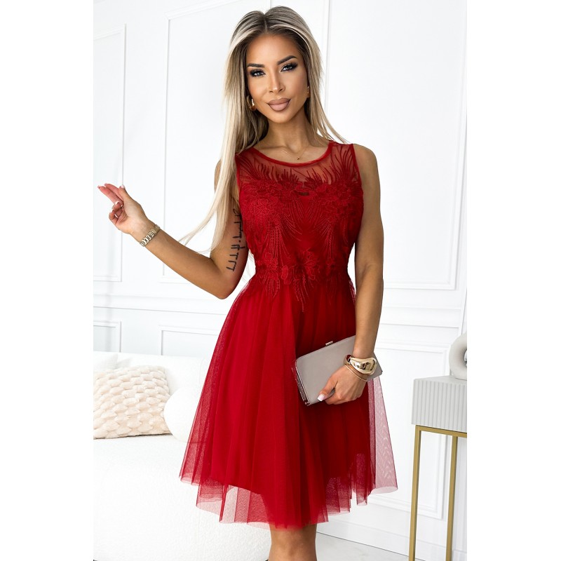 Rochie rosie scurta eleganta din tul fara maneci Rochie rosie scurta eleganta din tul fara maneci