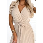 Rochie eleganta midi, plisata bej cu volane la umeri