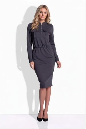 Rochie midi casual, gri inchis, cu fermoar decorativ si buzunare