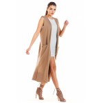 Vesta lunga dama maxi bej cu decupaje decorative
