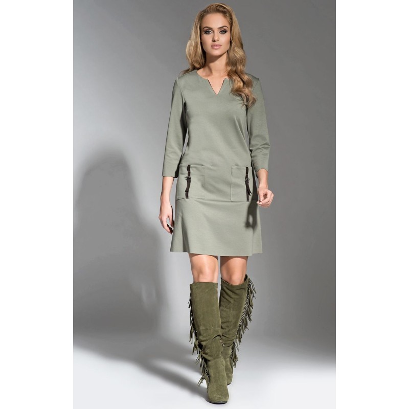 Rochie La aurora kaki lungime midi decolteu in V Rochie La aurora kaki lungime midi decolteu in V