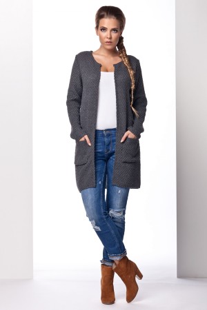 Cardigan dama cu lungime medie si maneci lungi gri-inchis