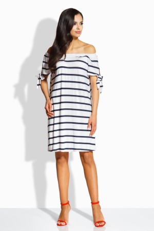 Rochie casual midi cu umerii goi si maneci scurte alb-bleumarin
