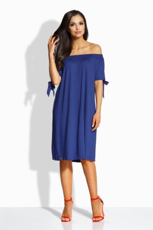 Rochie casual midi cu umerii goi si maneci scurte bleumarin