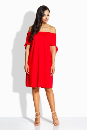 Rochie casual midi cu umerii goi si maneci scurte rosu