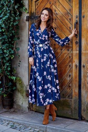 Rochie lunga bleumarin cu model floral si decolteu in V