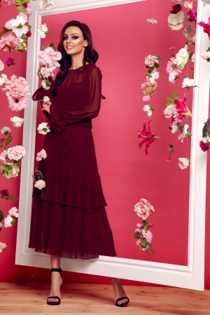 Rochie boho lunga burgundy cu volane