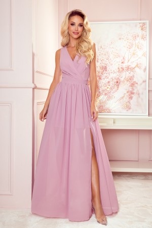 Rochie lunga de seara roz eleganta crapata pe picior