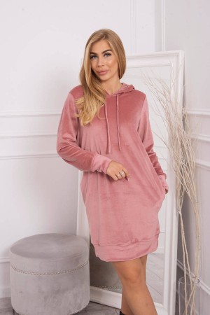 Rochie stil hanorac roz din catifea cu gluga