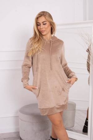 Rochie tip hanorac bej din velur cu gluga