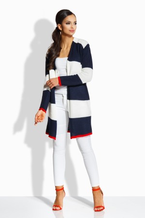 Cardigan dama cu lungime medie in doua culori alb-bleumarin