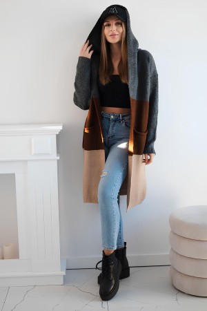 Cardigan 3 culori cu lungime medie si gluga gri-inchis