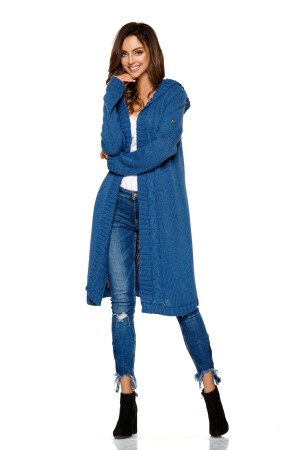 Cardigan dama lung tricotat cu gluga albastru inchis