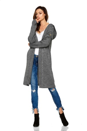 Cardigan dama lung tricotat cu gluga gri-inchis