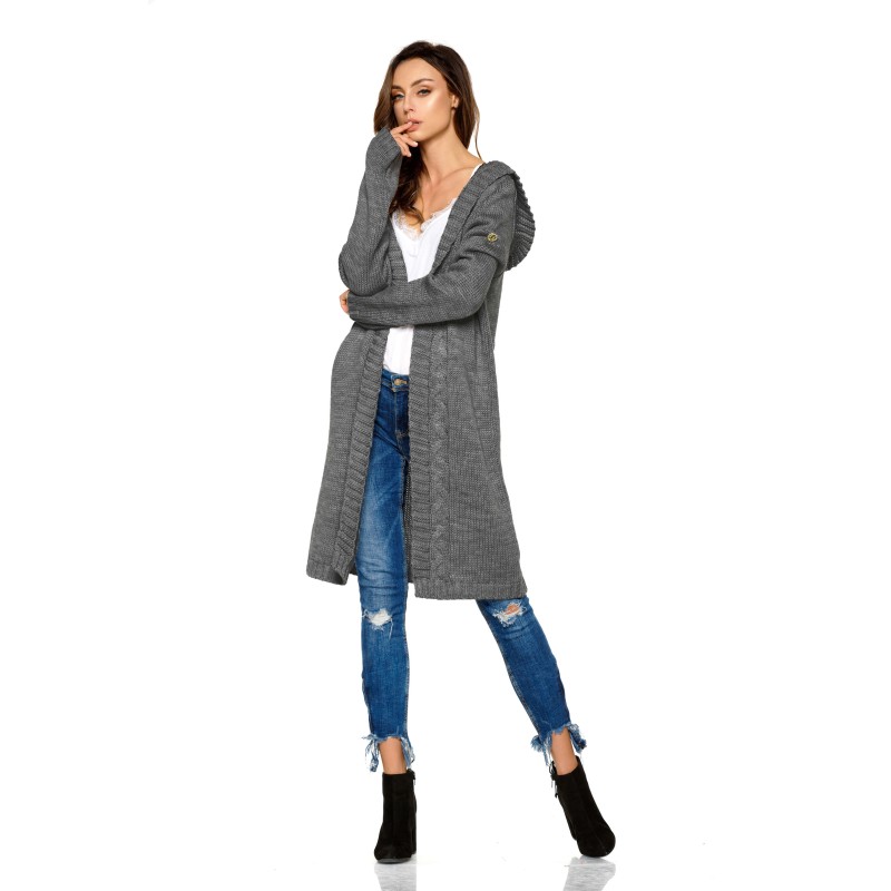 Cardigan dama lung tricotat cu gluga gri-inchis Cardigan dama lung tricotat cu gluga gri-inchis