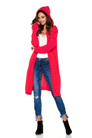 Cardigan dama lung tricotat cu gluga roz zmeura