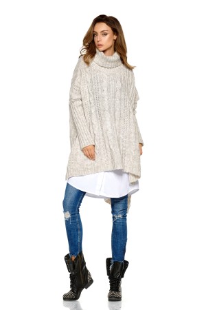 Pulover oversize bej asimetric cu guler