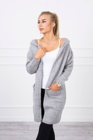 Cardigan gri cu buzunare si gluga