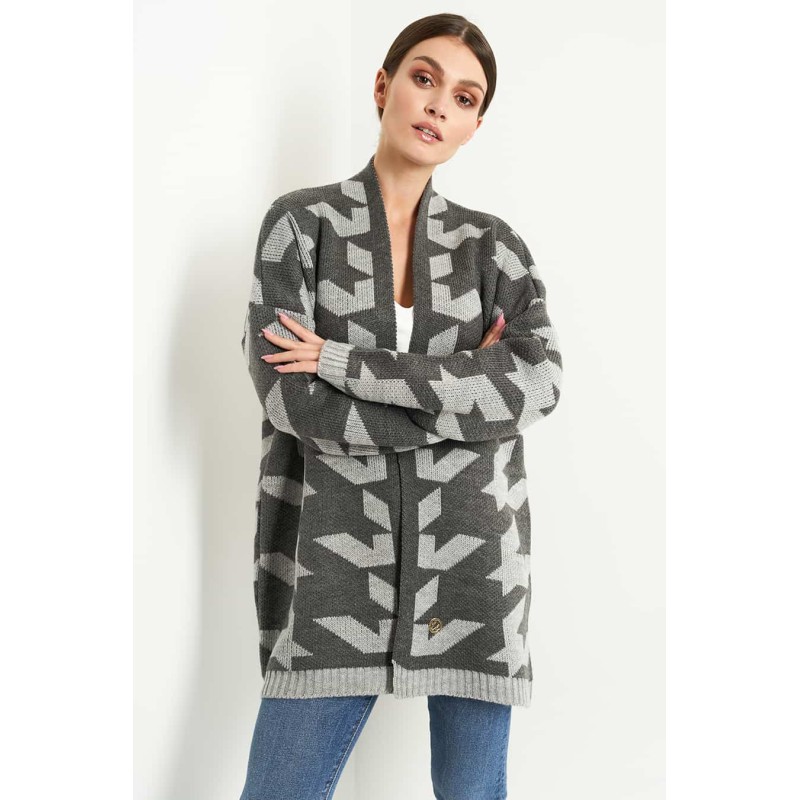 Cardigan tricotat cu model geometric gri