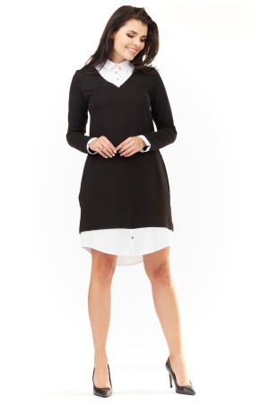 Rochie neagra tip camasa cu maneci lungi si guler alb